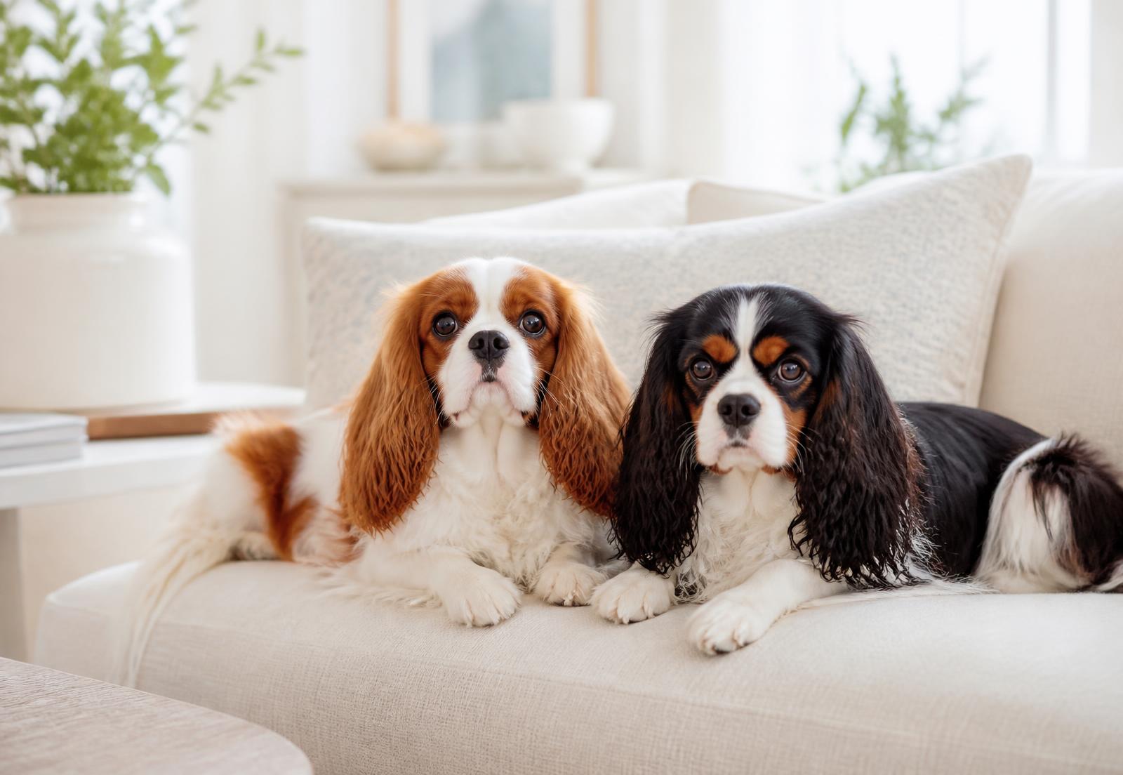 Two adult Cavalier King Charles Spaniels resting on a sofa in a bright home